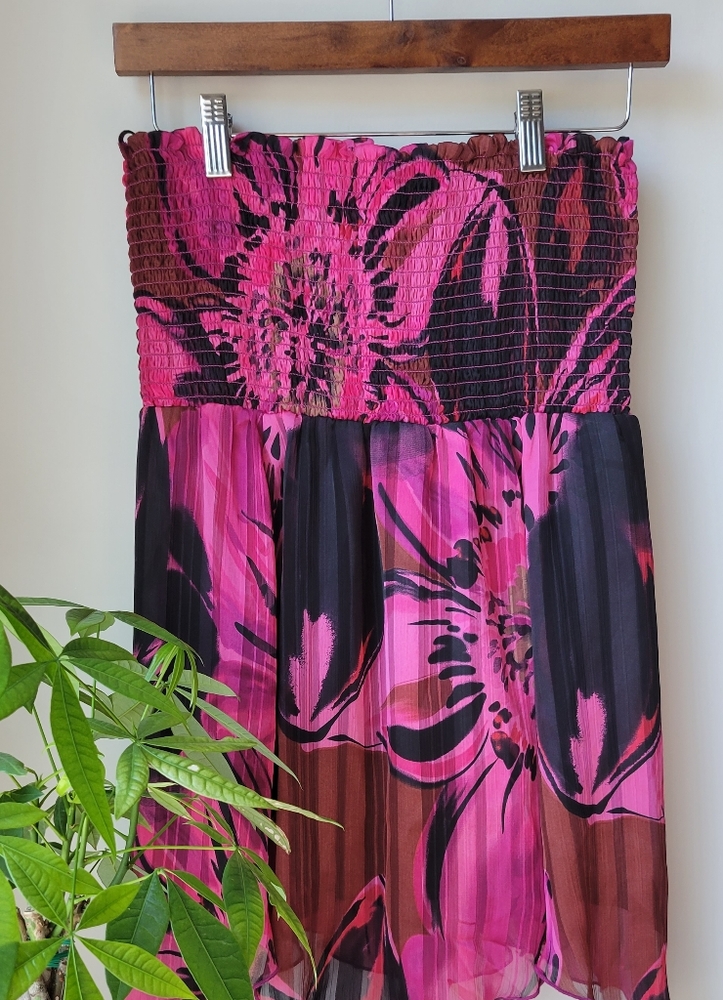 Cache Strapless Floral Tank Top in Hot Pink, Black & Brown
